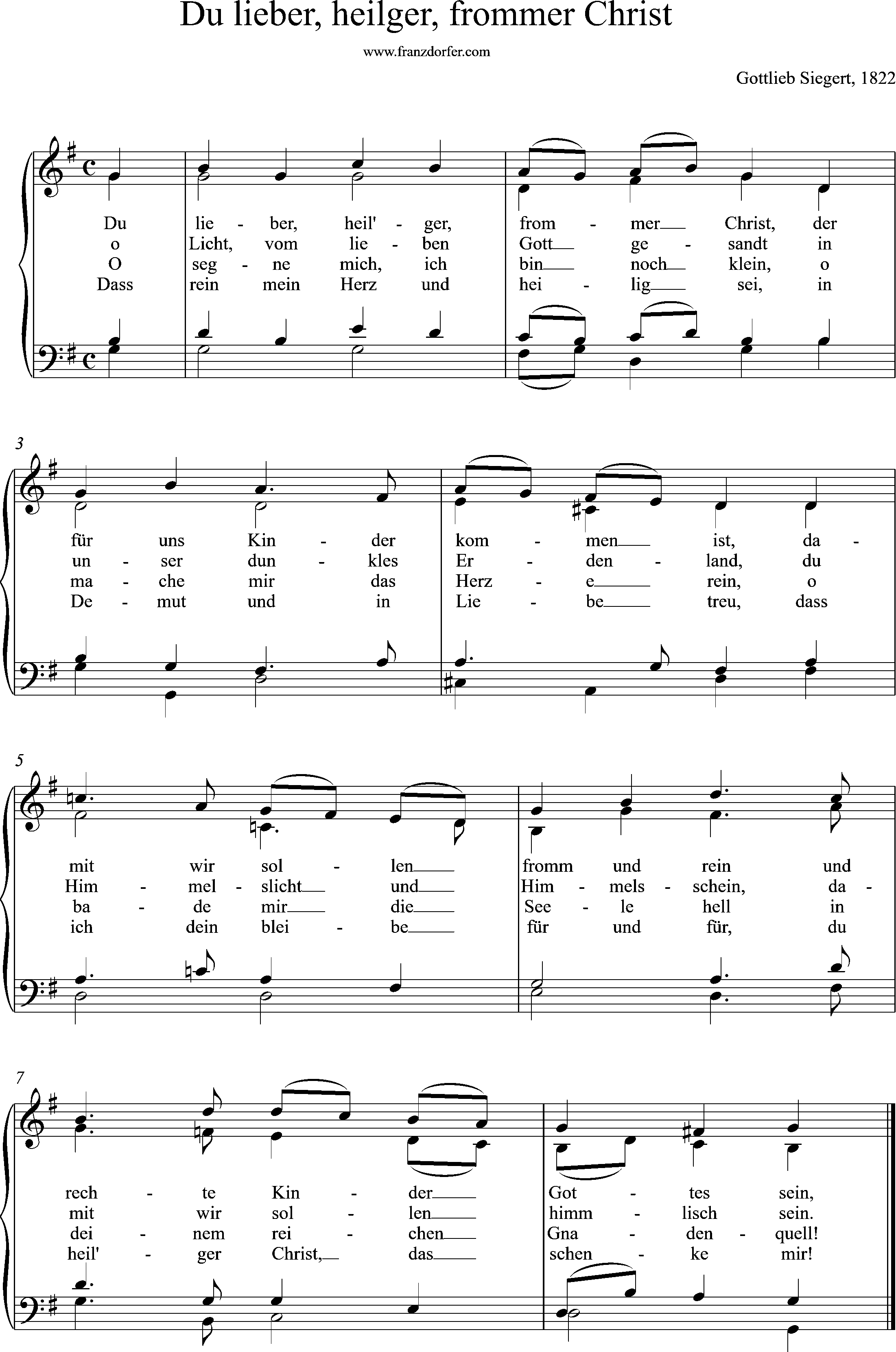Chor-, Orgelnoten, 4stimmig, G-Dur, Du lieber, heilger, frommer Christ